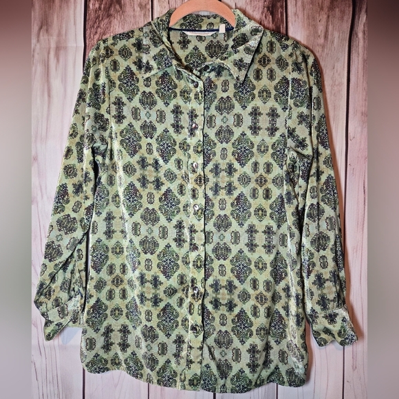 Soft Surroundings Green Patterned Velour Blouse Mother Of Pearl Buttons Petite S - Picture 1 of 7
